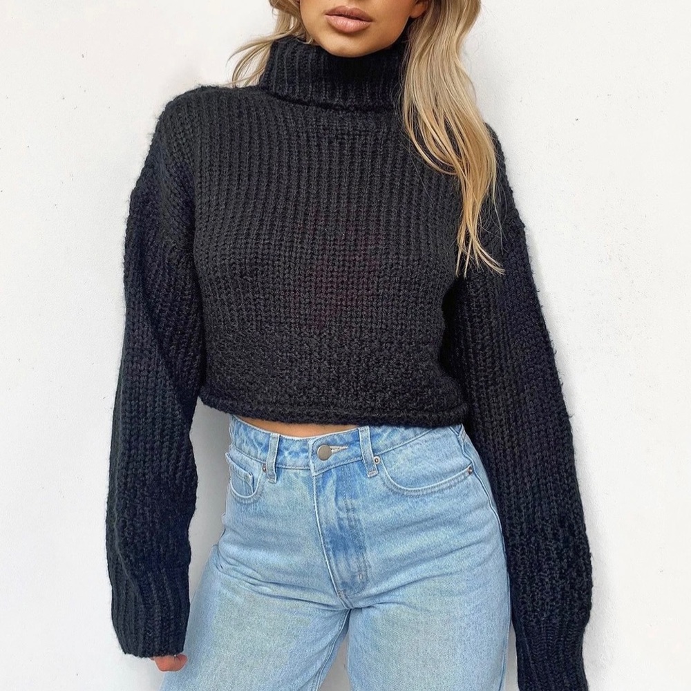 Black tiger mist cropped turtle neck sweater